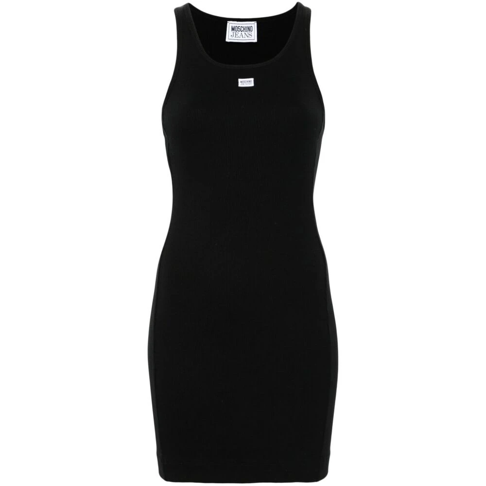 Moschino Zwarte Katoenen Geribbelde Logo Patch Jurk Black Dames