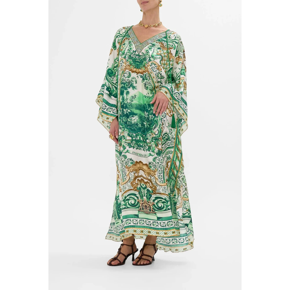Camilla Zijden V-hals Kaftan met strikjes Green Dames