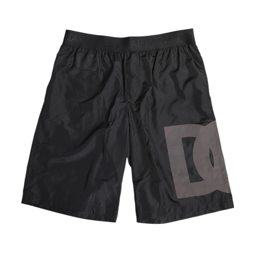 Dolce & Gabbana Men's Black Beachwear, S, Logo Print Swim Shorts With Elastic Waistband