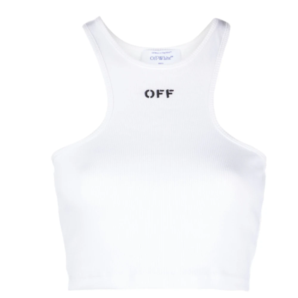 Off White Geribbeld Logo Print Racerback Top White Dames