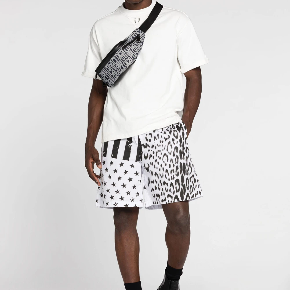 Roberto Cavalli Leopard Flag-Print Track Shorts Black Heren