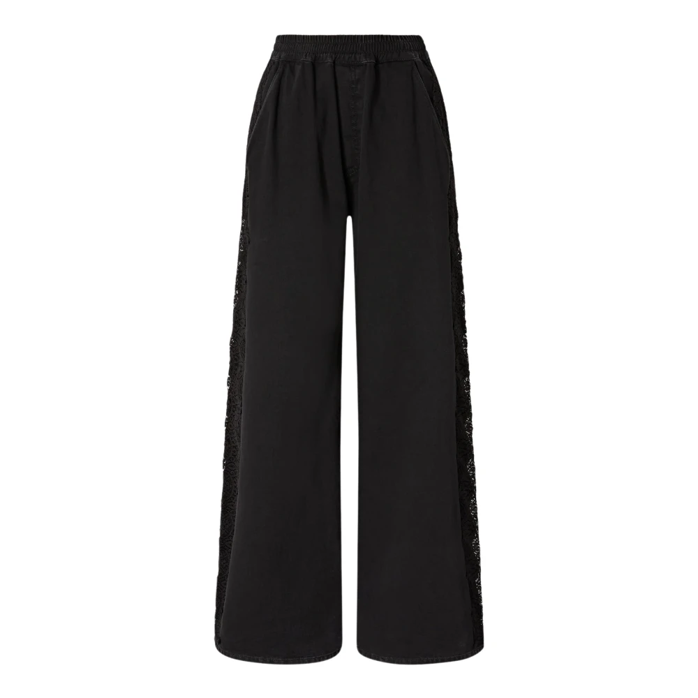 Pinko Women's Black Denim Trousers With Lace Detail On The Side - Wide Trousers - M - Trousers