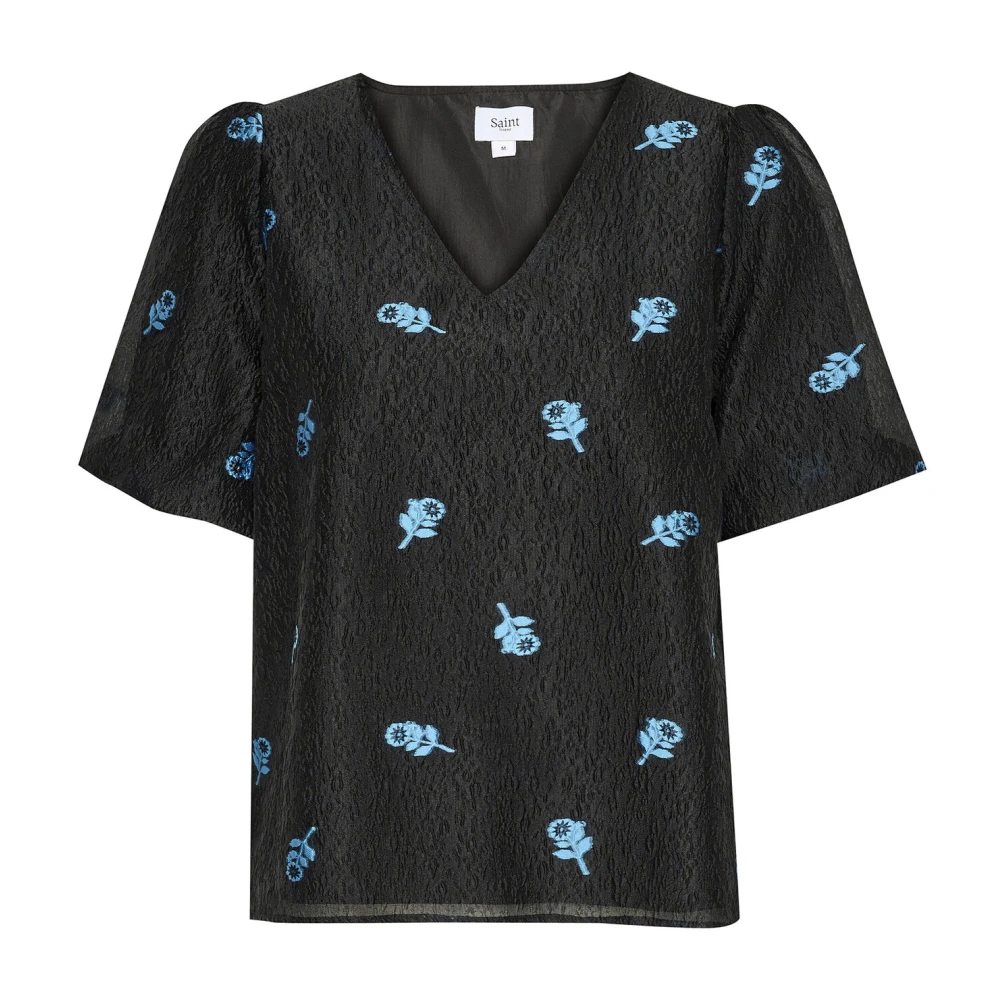 Saint Tropez Zwarte Geborduurde Blouse met Korte Mouwen Black Dames