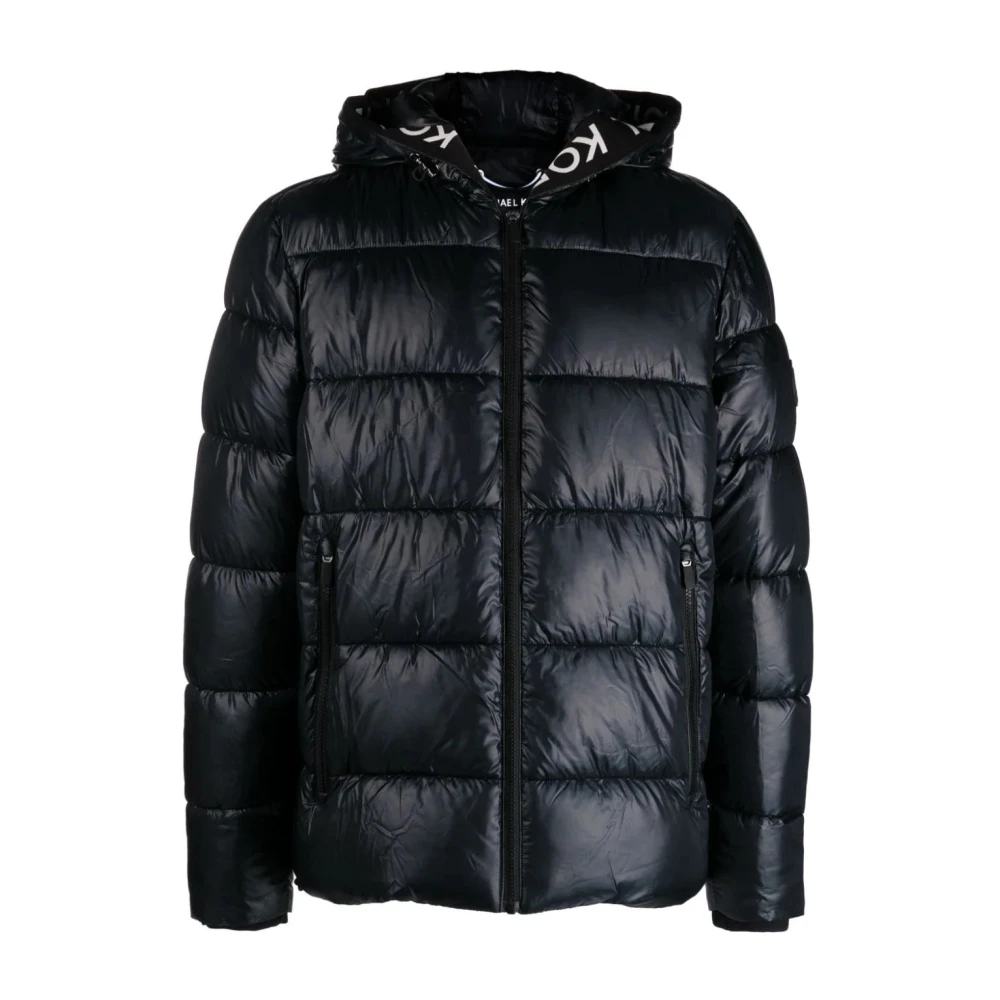 Michael Kors Zwarte gewatteerde jas met capuchon en logo Black Heren
