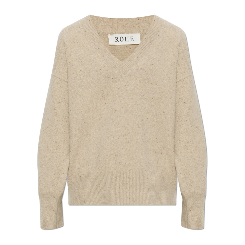 Róhe Beige V-Neck Knitwear, Female, M, Wool V-Neck Jumper