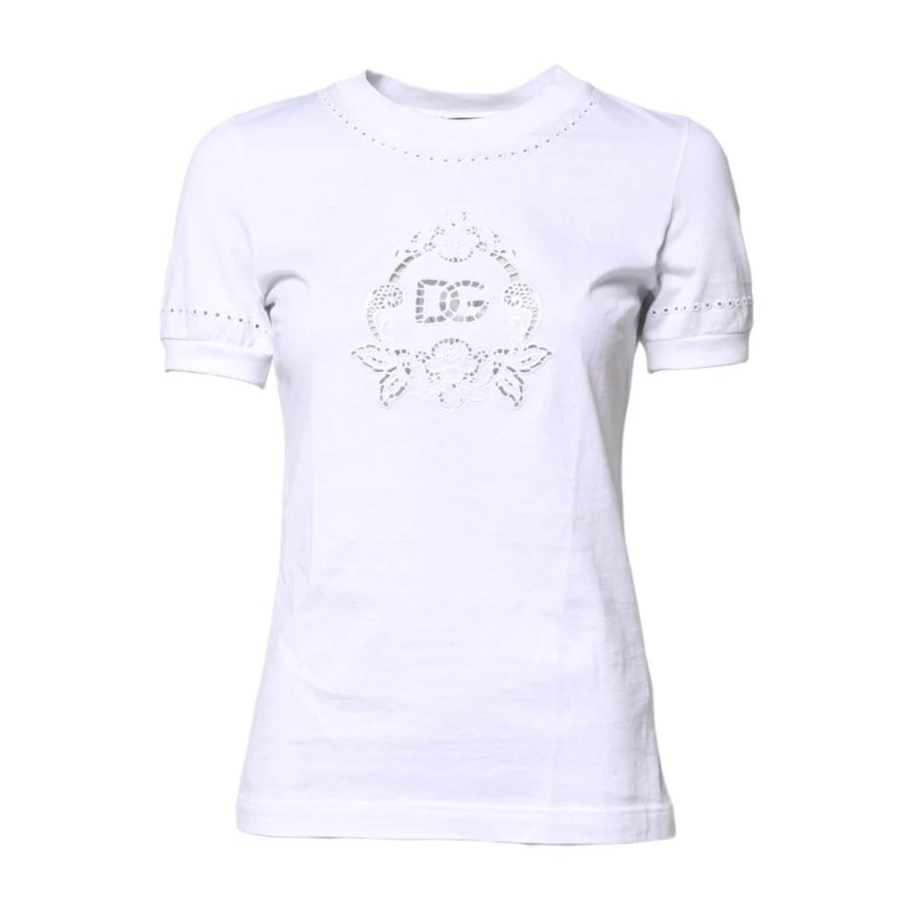 Dolce & Gabbana Women's White T-Shirts, 2XS, Floral Logo Crew Neck T-Shirt