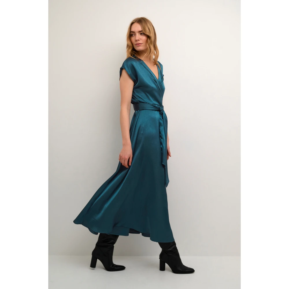 Cream Petrol Satijnen Wikkel Maxi Jurk Blue Dames