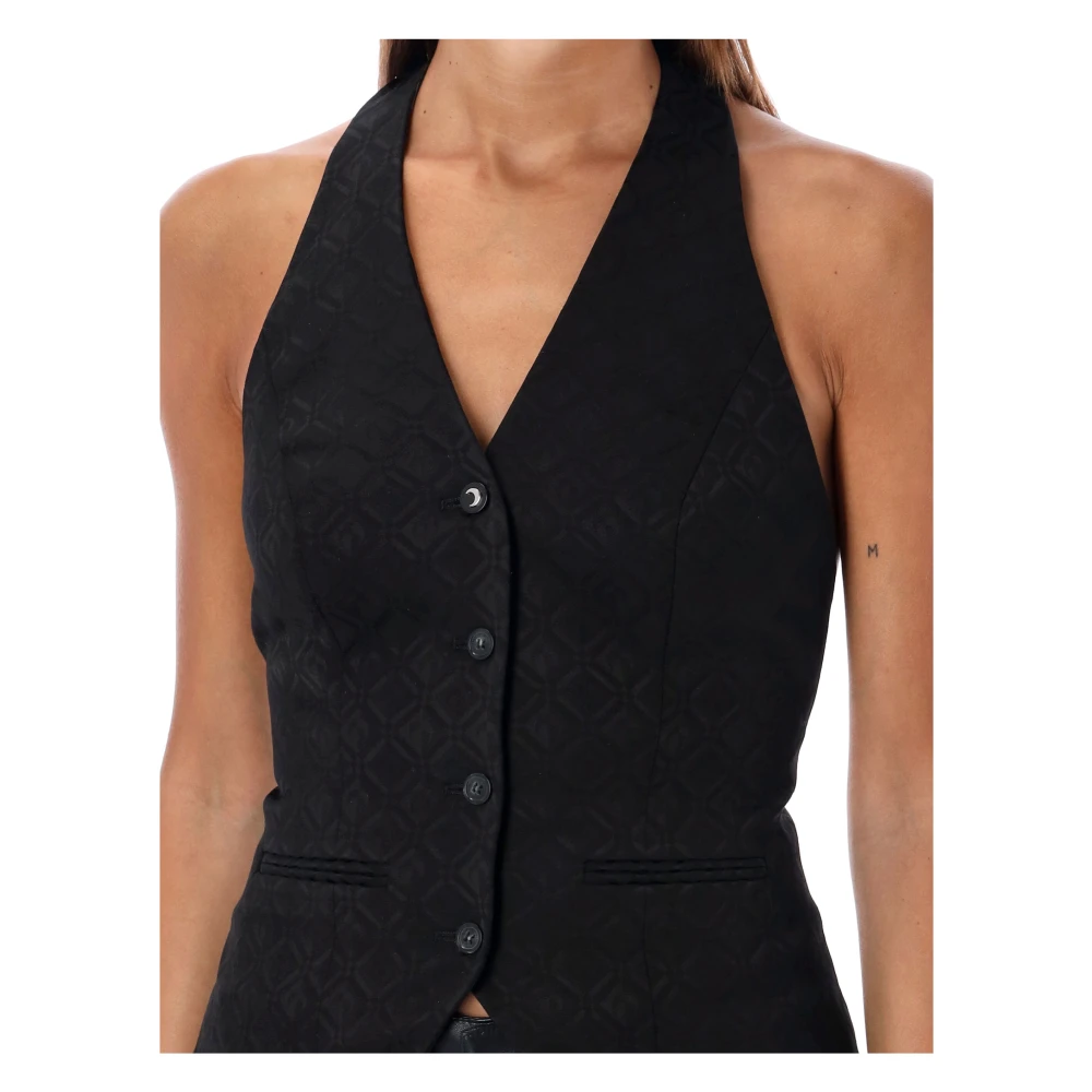 Marine Serre Maan Diamant Jacquard Halternek Top Zwart Black Dames