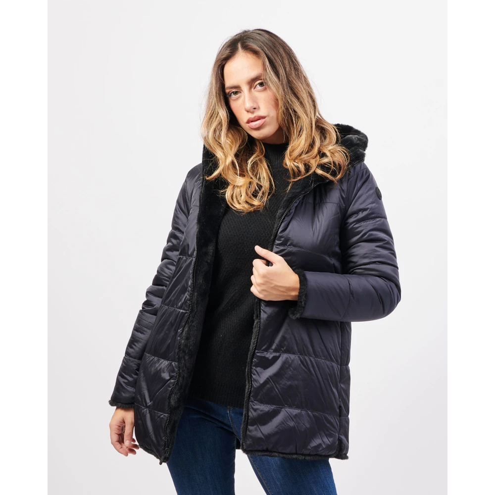 Save The Duck Omkeerbare Lange Jas met Nepbont Black Dames