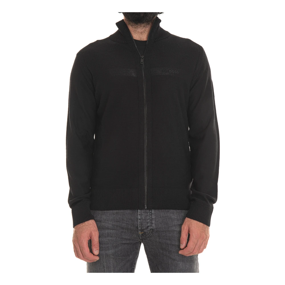 Boss Wol wollen cardigan met rits Black Heren