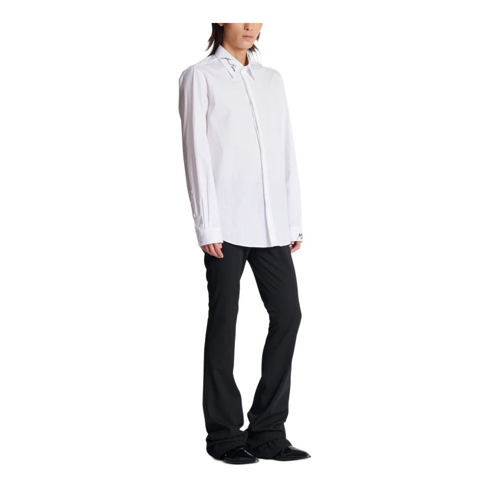 Balmain Popeline overhemd met geborduurde kraag White Heren