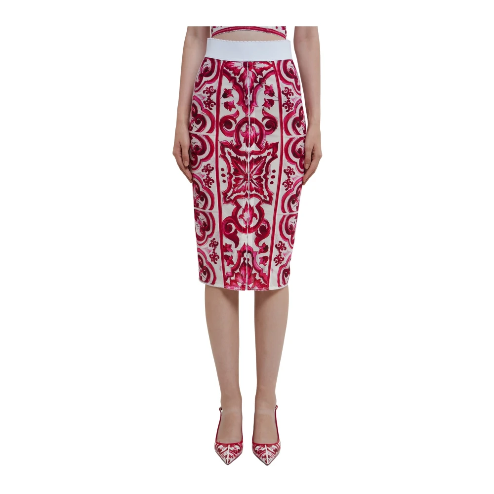 Dolce & Gabbana Fuchsia Pencil Skirt in Majolica Print Pink Dames