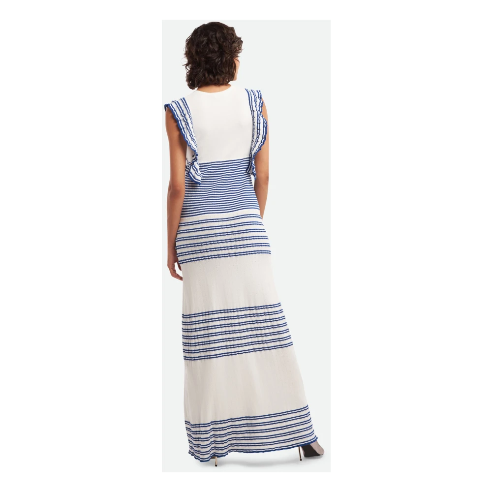 Elisabetta Franchi Blauw Gestreepte Maxi Jurk met Pailletten Strik Blue Dames