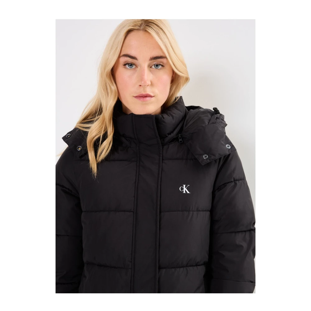 Calvin Klein Lange gewatteerde jas met afneembare capuchon Black Dames