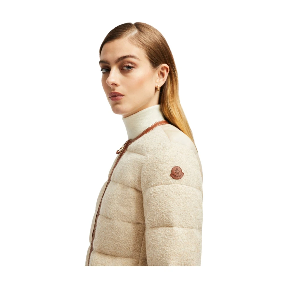 Moncler Beige Kort Donsjack met Leren Afwerking Brown Dames