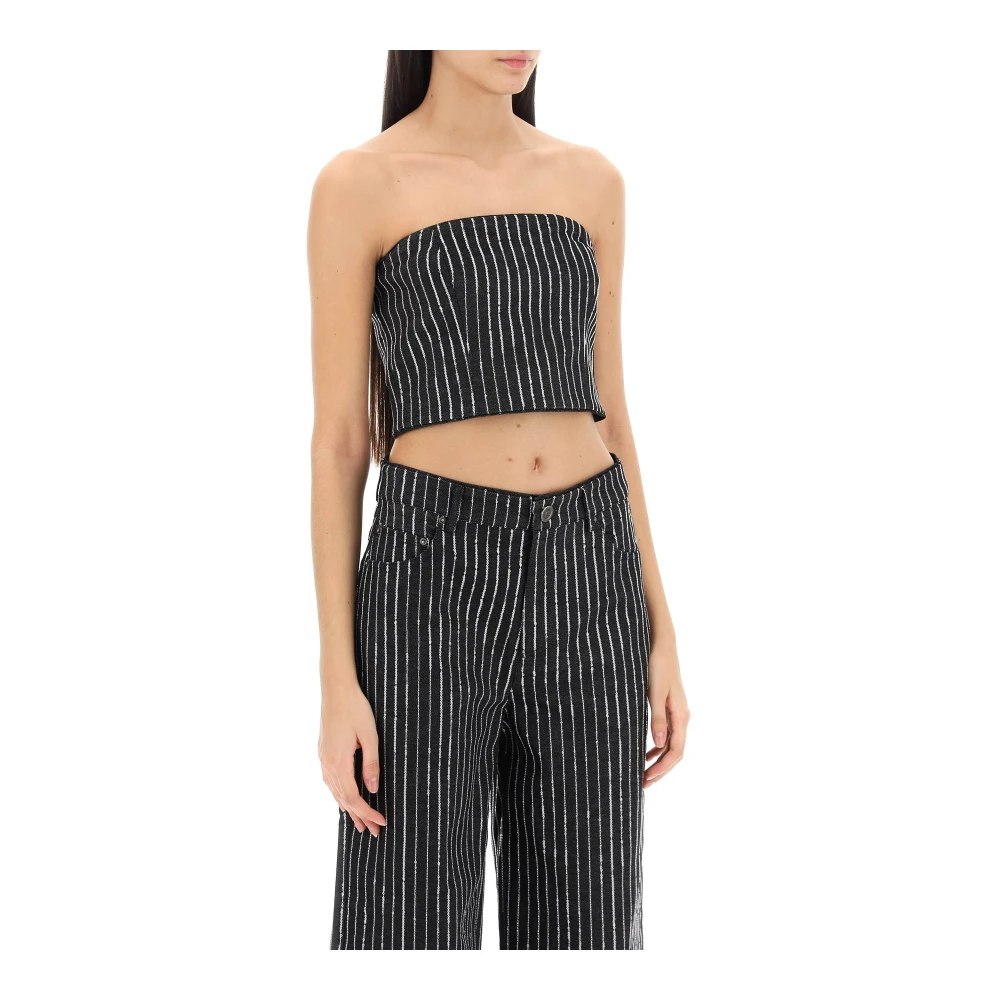 Rotate Birger Christensen Sequined Striped Cropped Top Black Dames