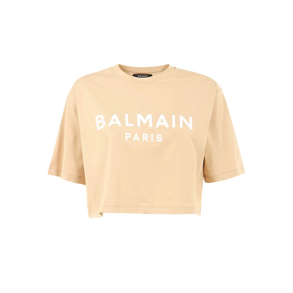 Balmain Logo Print Katoenen T-Shirt Brown Dames