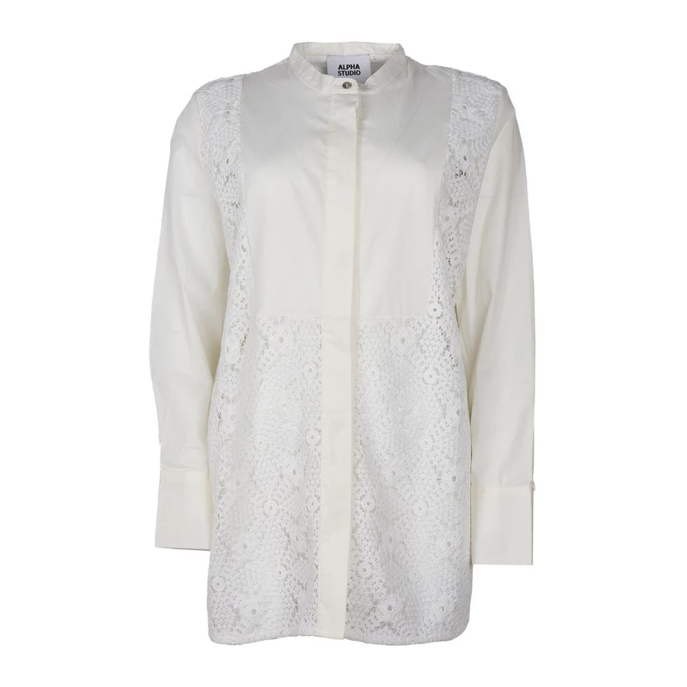Alpha Studio Witte Kant Geborduurde Mandarin Kraag Shirt White Dames