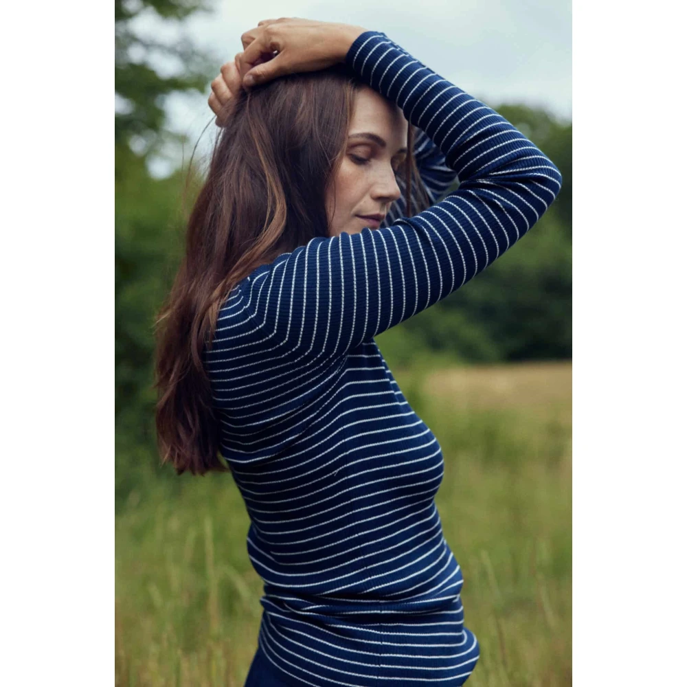Wuth Gestreepte Zijde Kasjmier Navy Cream Blouse Blue Dames