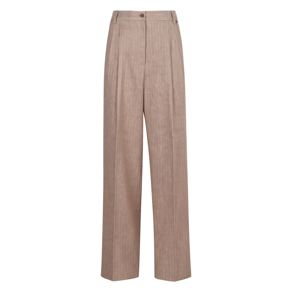 Herno Women's Beige Striped Linen Cotton Trousers