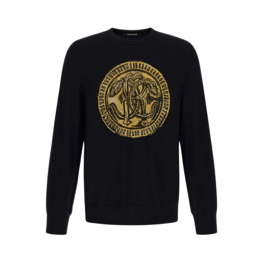 Roberto Cavalli Black Round-Neck Knitwear, Male, L, Rc Logo Sweatshirt Made In Italy