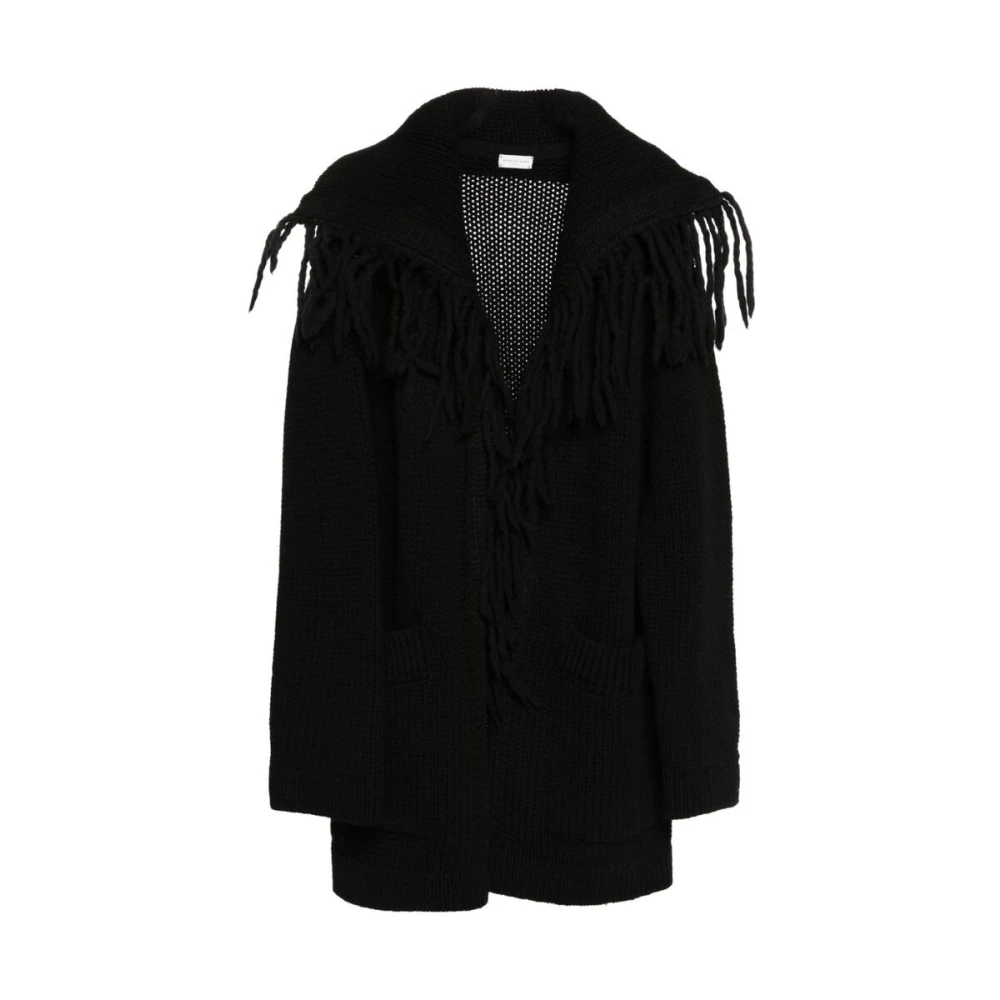 Dries Van Noten Zwarte Chunky Gebreide Fringe Sweater Black Heren