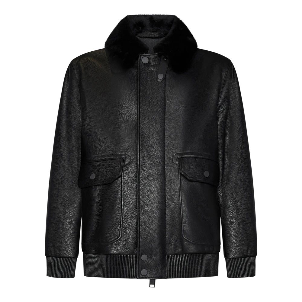 Brioni Zwarte Shearling Leren Jas Black Heren