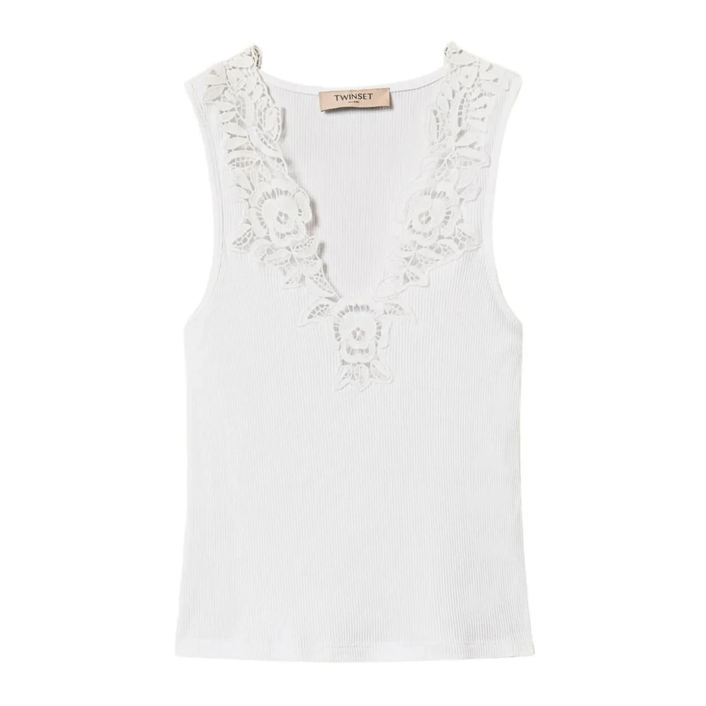 Twinset Women's White Sleeveless Tops, S, Canotta Con Pizzo Lavorazione In Maglia A Coste Scollo A V