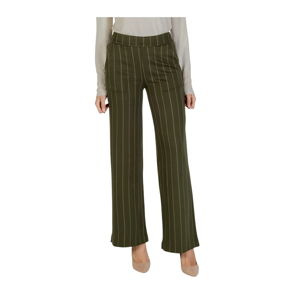 Ichi Women's Green Striped Trousers With Front Pockets And Zip Fastening