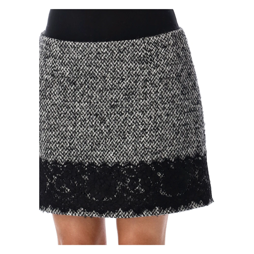 Dolce & Gabbana Zwart Melange Micro-Tweed Rok met Kantinzet Black Dames
