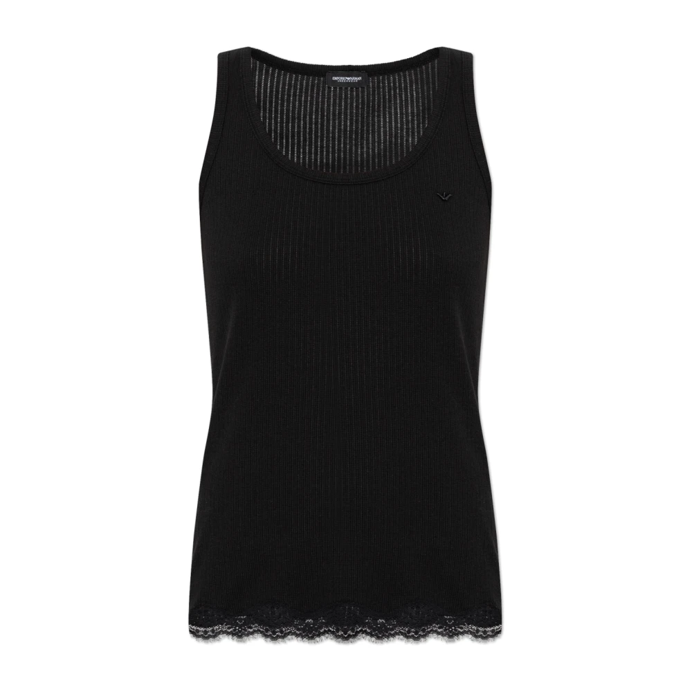 Emporio Armani Vrouw Zwart Tops Dames, L, Katoen, Geribbelde Loungewear Tanktop Van Modalmix Met Kant