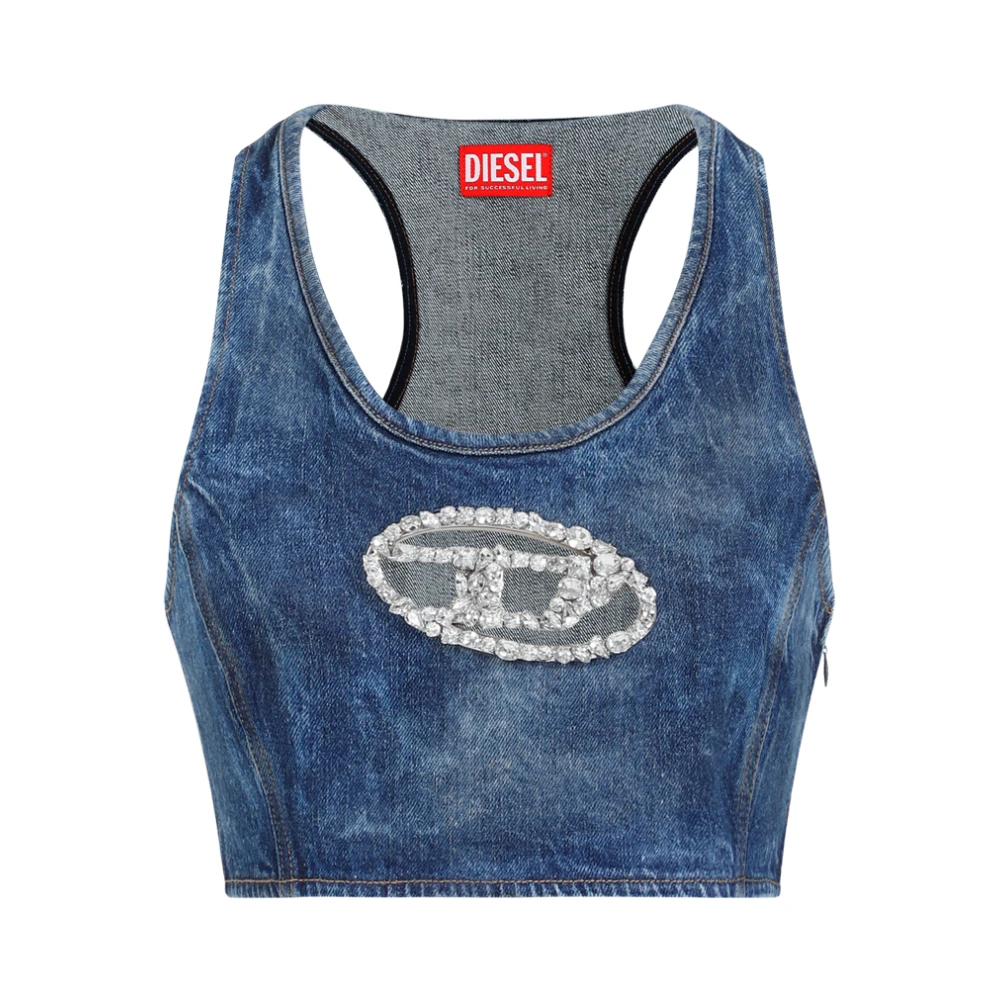 Diesel Blauwe Mouwloze Topkleding met Kristallogo Blue Dames
