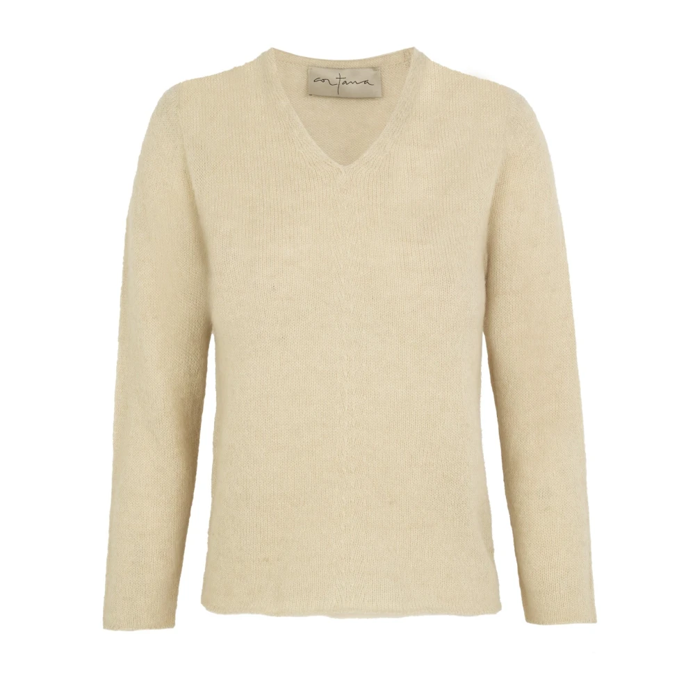 Cortana Women's Beige V-Neck Knitwear, S, Hana, Top In Baby Alpaca, Cashmere And Silk Ivory