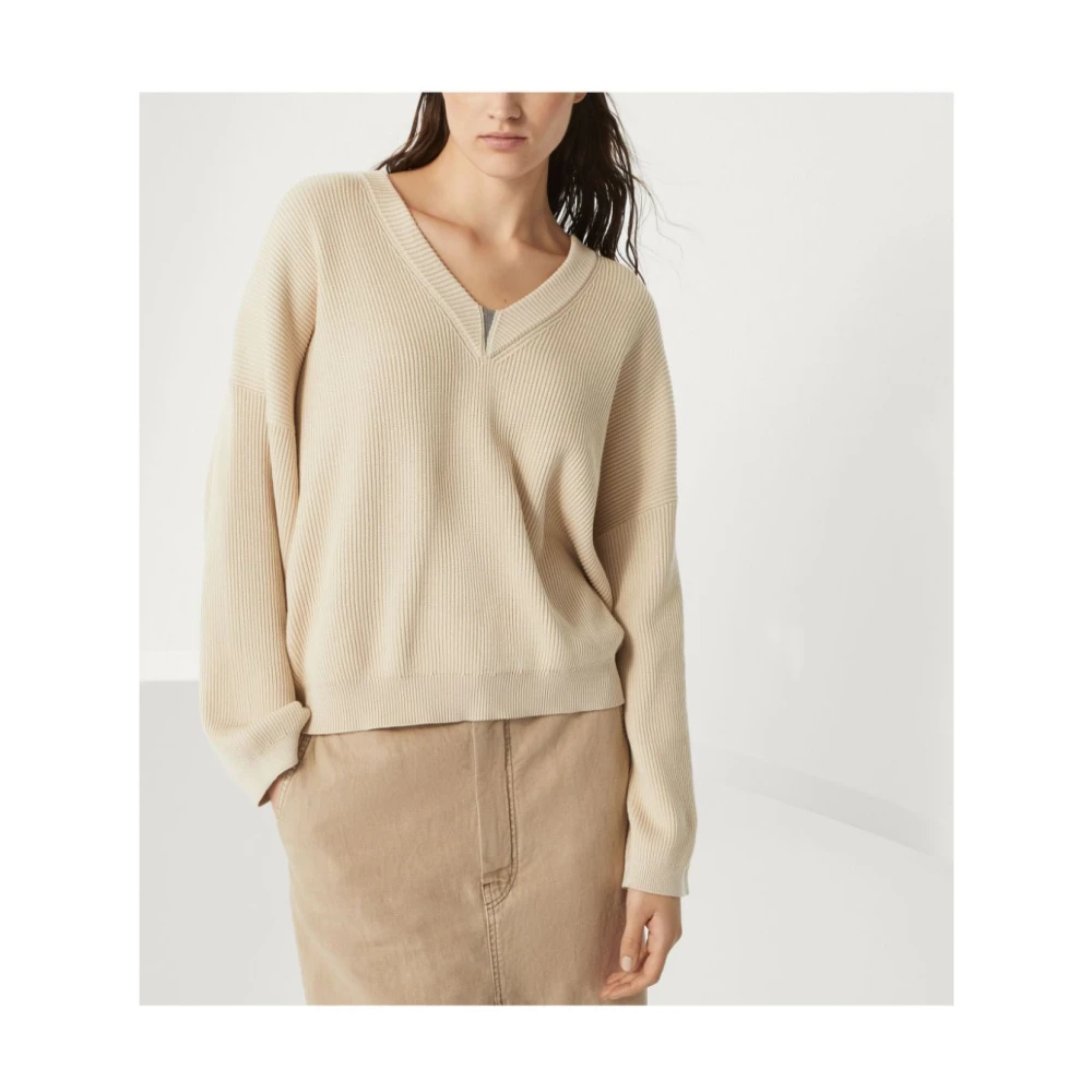 BRUNELLO CUCINELLI Beige Trui met Ribdetails Beige Dames
