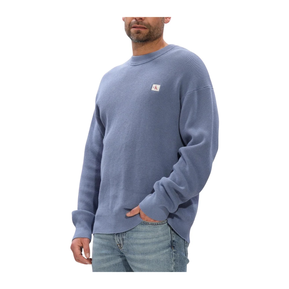 Calvin Klein Men's Blue Ls Ez Cotton Waffle Crewneck Jumper - Round-Neck Knitwear - S - Knitwear
