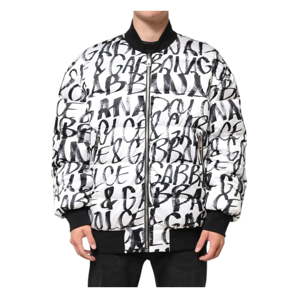 Dolce & Gabbana White Bomber Jackets, Male, M, Graffiti Logo Puffer Bomber Jacket