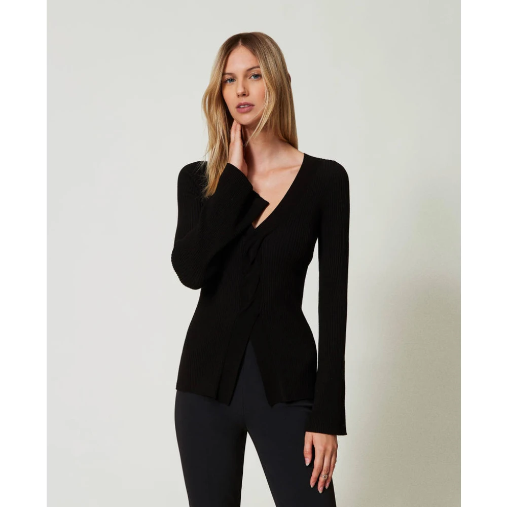 Twinset Zwarte Geribbelde V-Hals Sweaters Black Dames