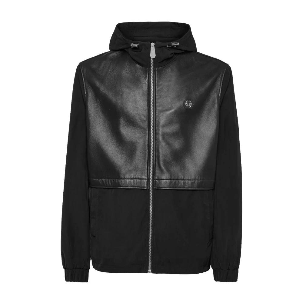 Philipp Plein Men's Black Light Jackets, M, Nylon/Leather Hooded Jacket Ls
