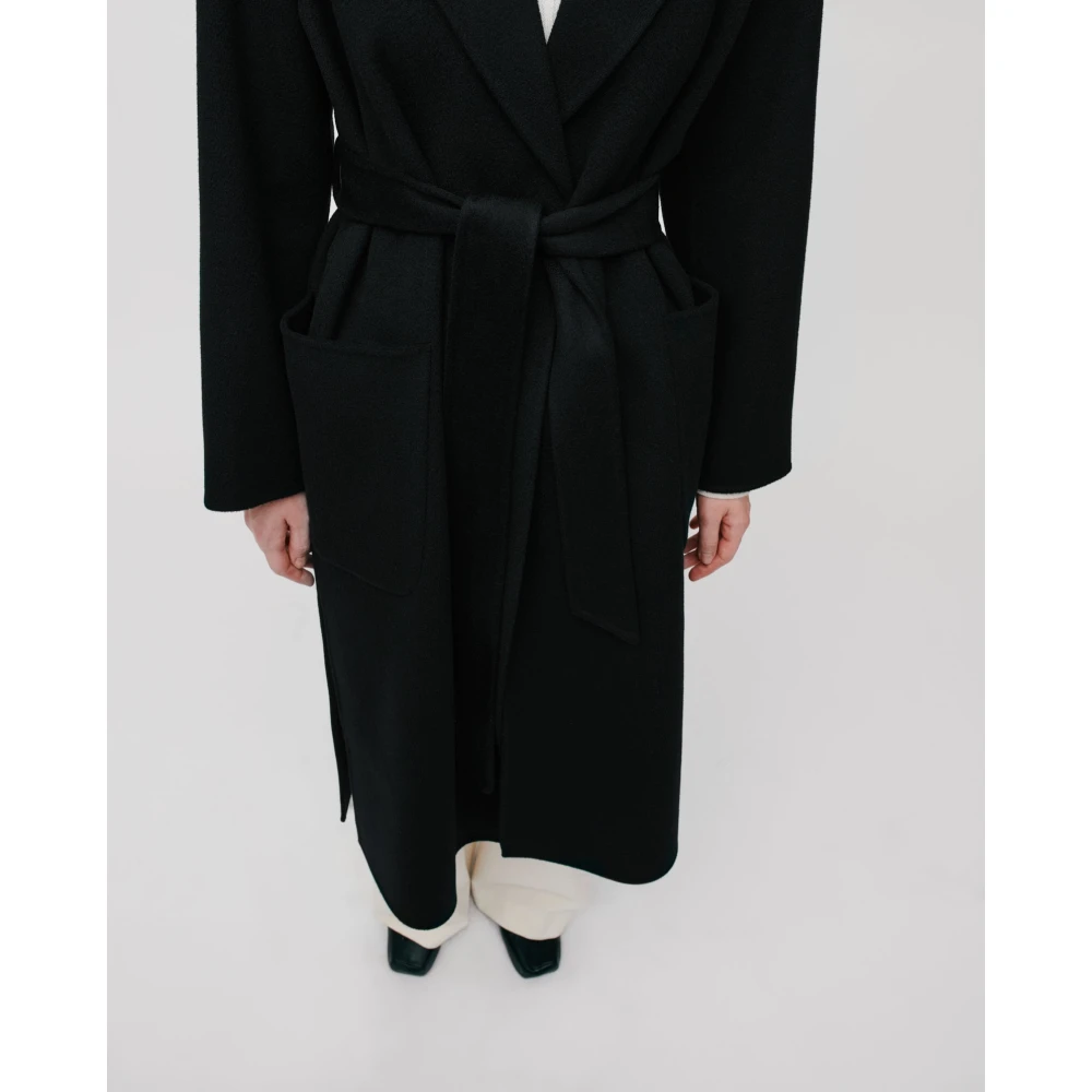 IVY OAK Midi Wollen Jas met Riem en Zakken Black Dames