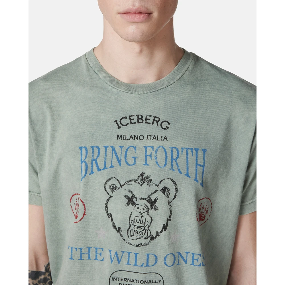 Iceberg Regular-fit mintkleurig T-shirt in willekeurig gewassen katoen met maxi Bear print Green Heren