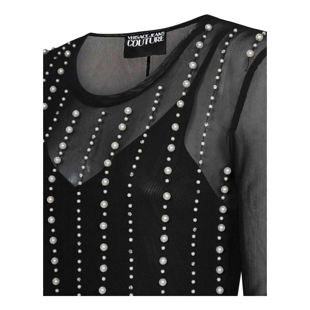 Versace Jeans Couture Zwarte Midi Jurk met Faux Parel Borduurwerk Black Dames