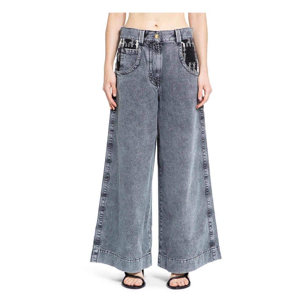 Palm Angels Wijde Denim Broek met Check Monogram Gray Dames