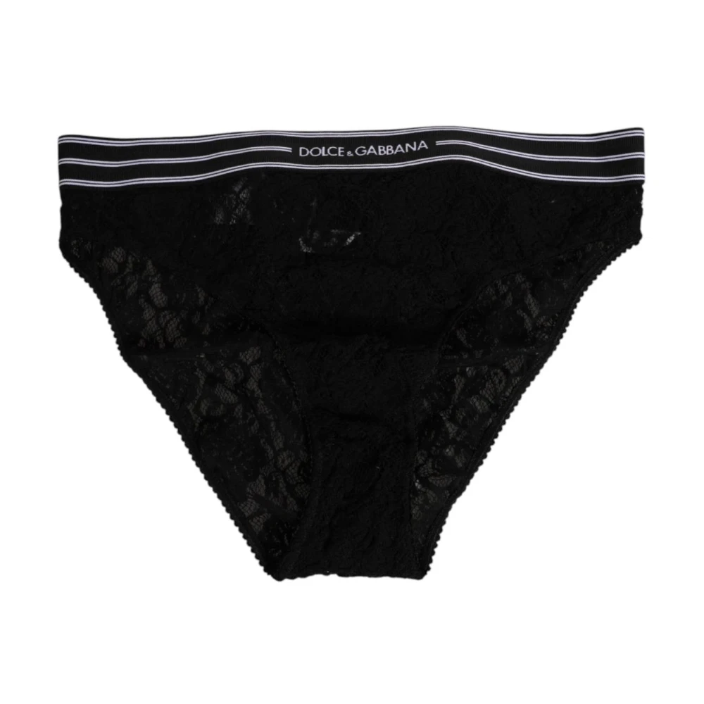 Dolce & Gabbana Women's Black Underpants, Xs, Lace Slip Brief With Logo Waistband