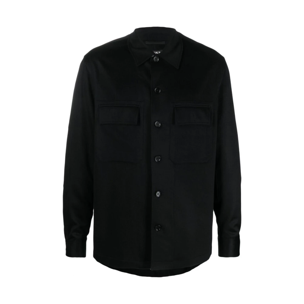 Ermenegildo Zegna Zwarte Kasjmier Klassieke Kraag Overhemd Black Heren