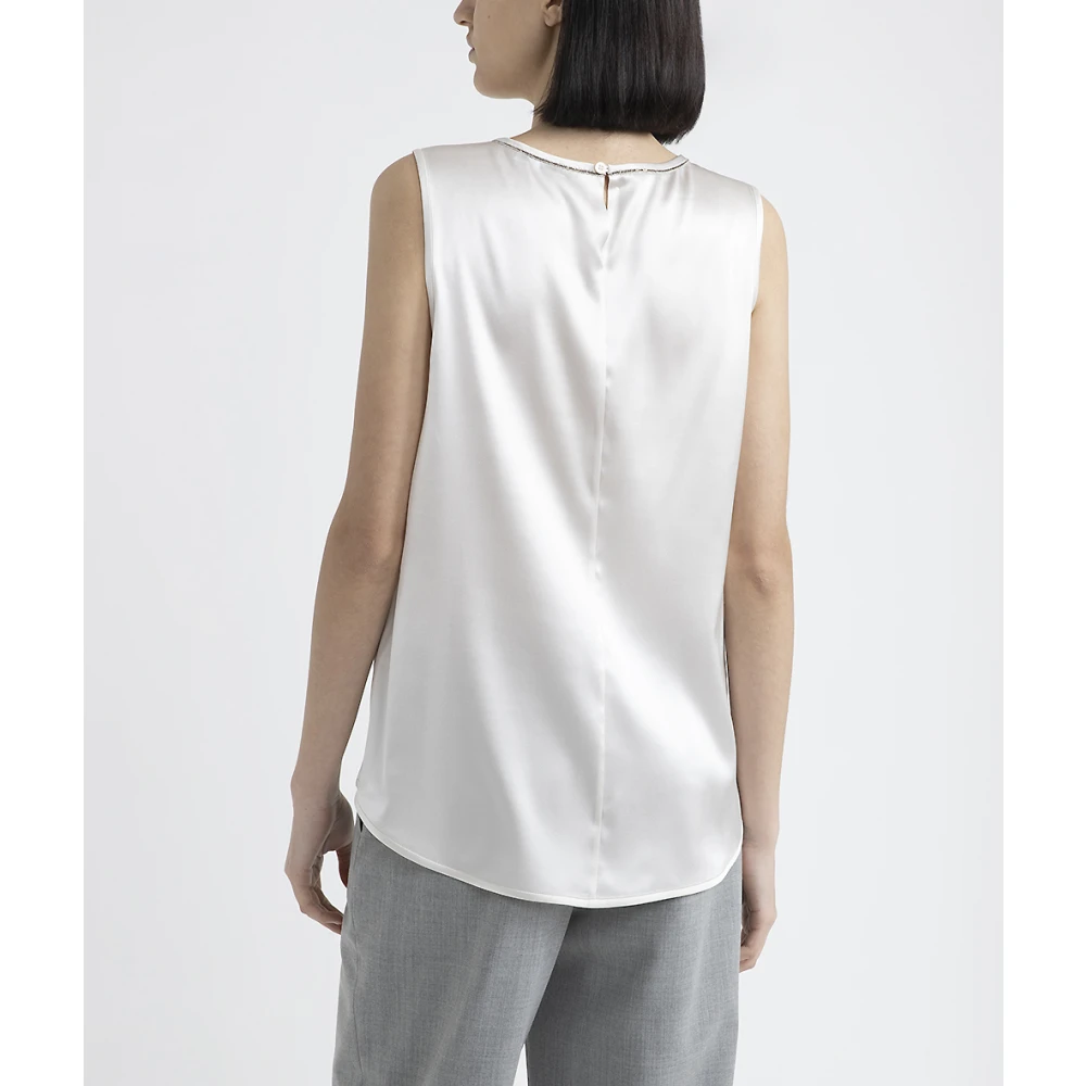 PESERICO Glanzende zijden satijnen top met Punto Luce afwerking White Dames
