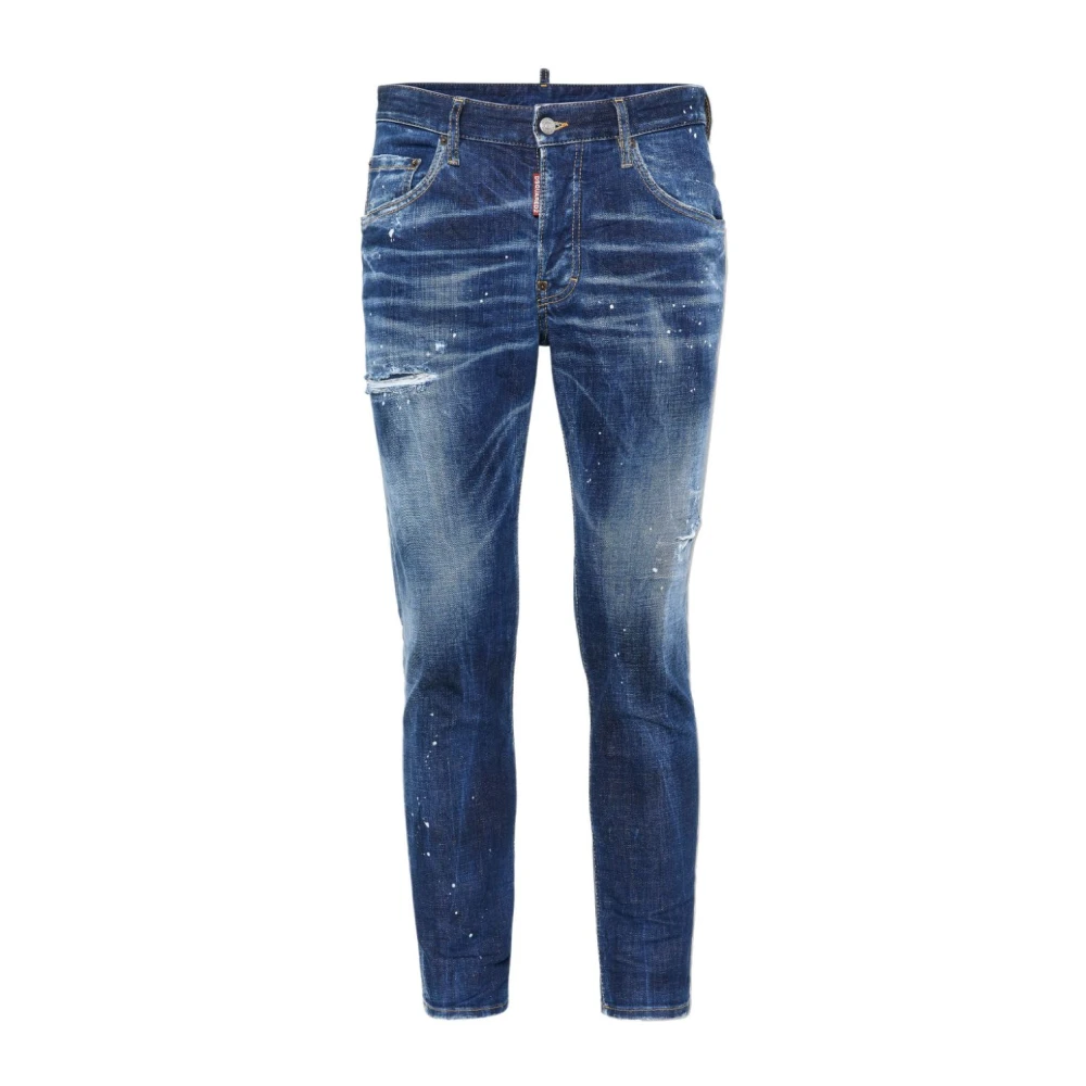 Dsquared2 Men's Blue Slim Fit Jeans, M, Distressed Denim Jeans With Paint Splatter