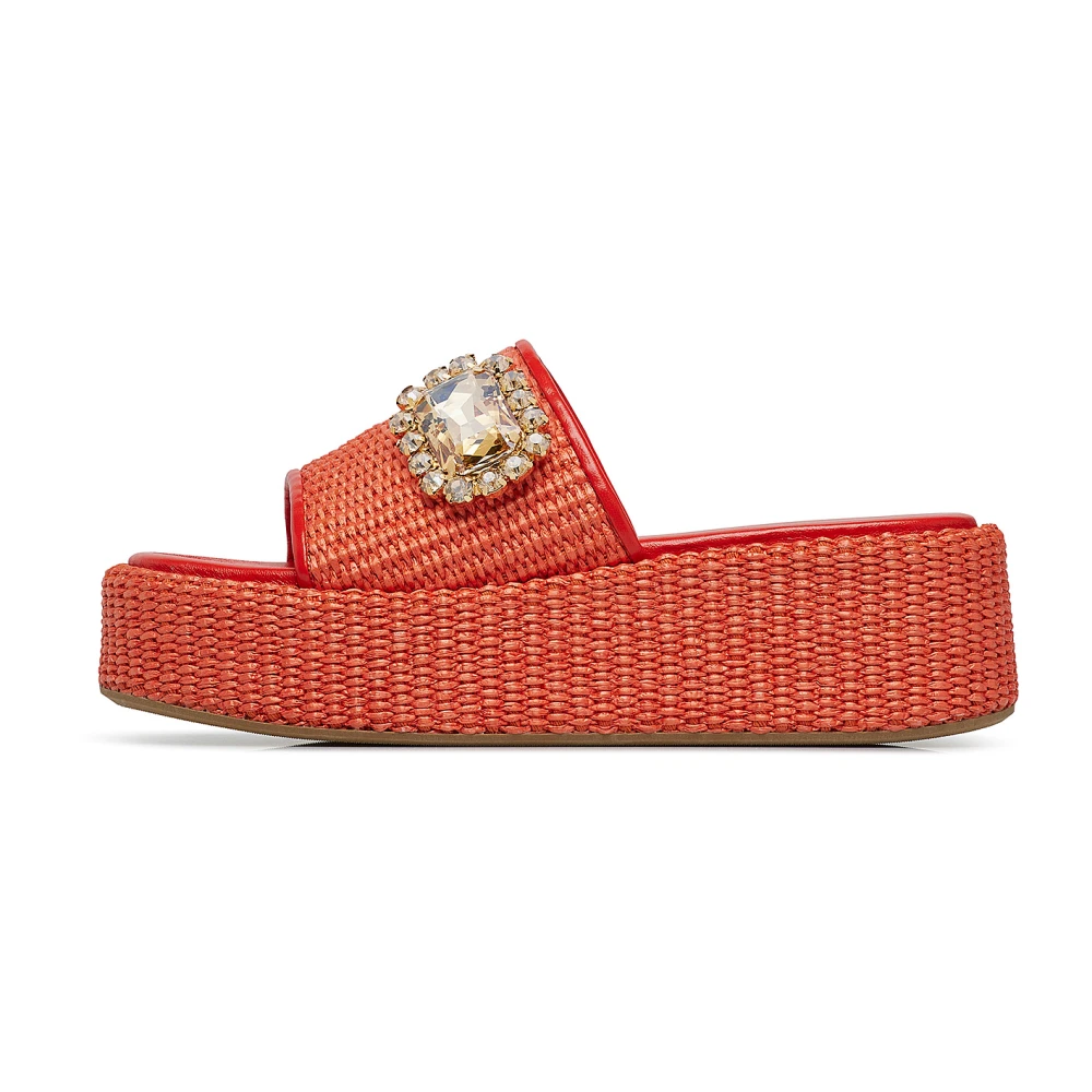 Loriblu Röd Mule Med Kilklack I Nappa Och Raffia I Rött Cayenne Med Smycke