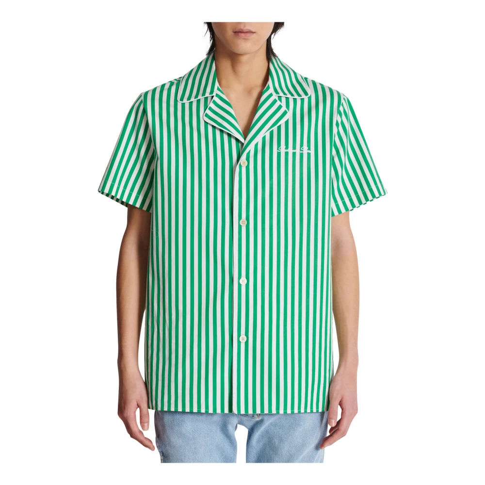 Balmain Kortemouw gestreepte katoenen pyjamashirt Green Heren