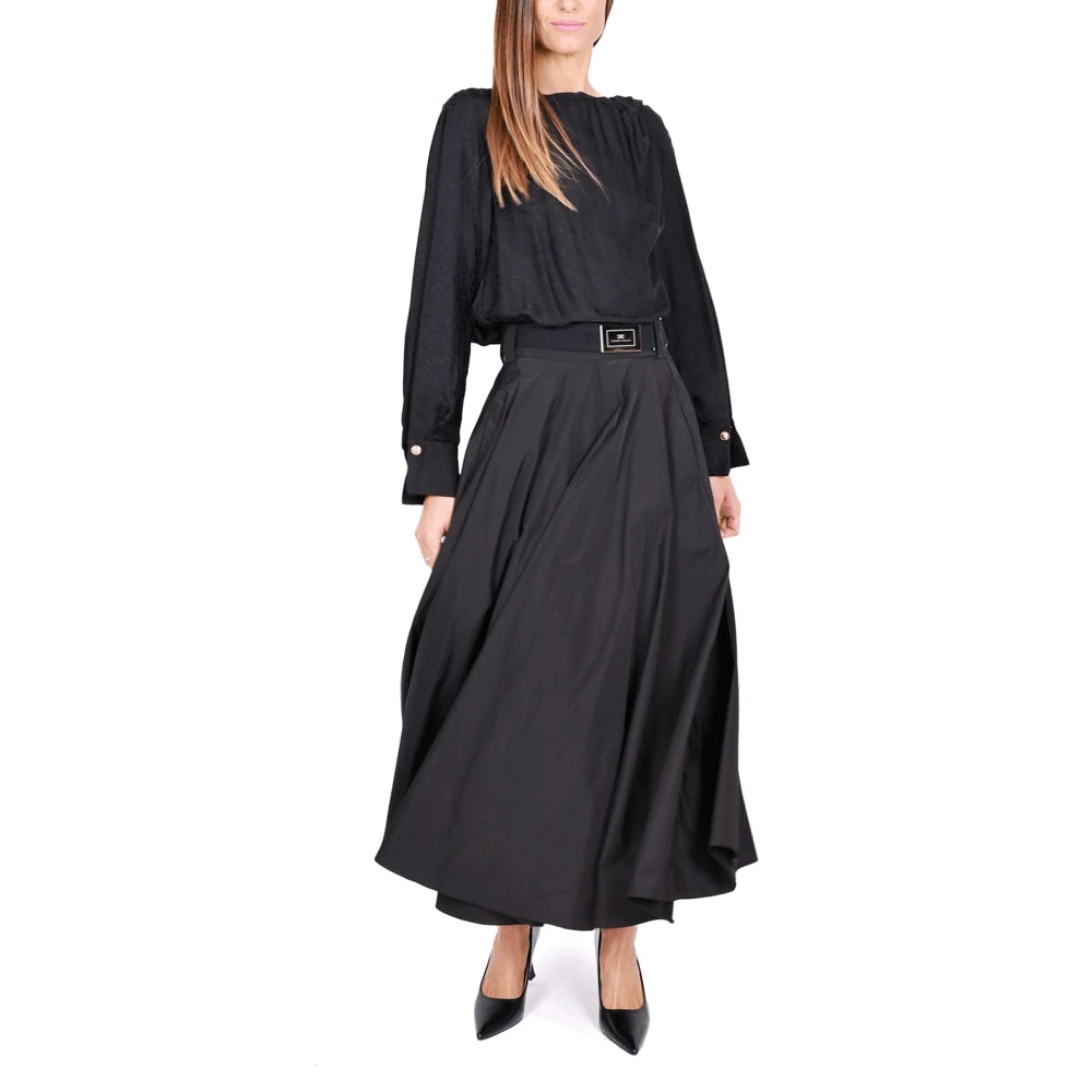 Elisabetta Franchi Elegante Lange Taffeta Rok Zwart Black Dames