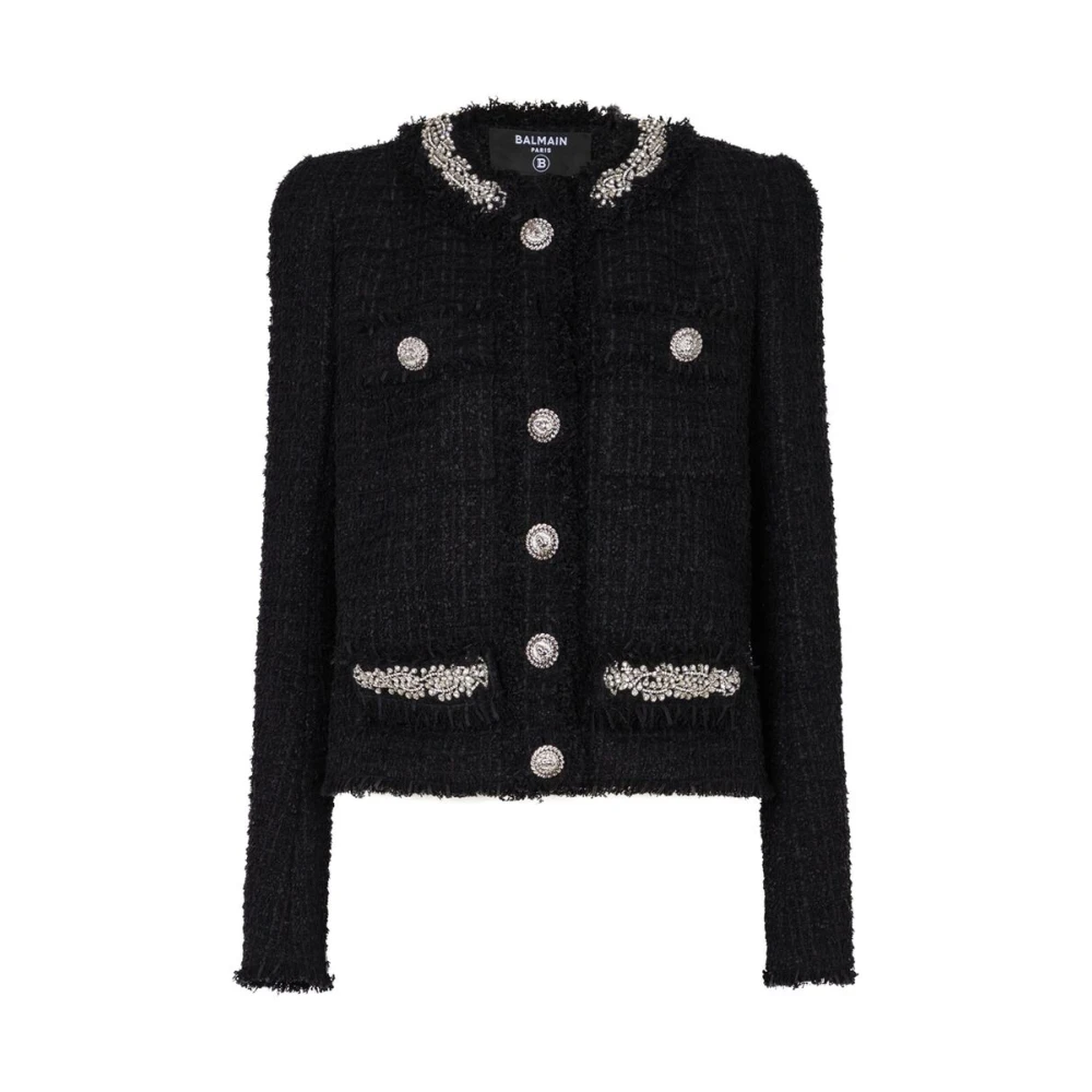 Balmain Tweed Geborduurd Jas Kralen Detail Black Dames